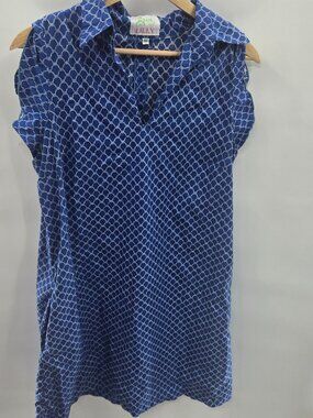 Love Lilly Blue White Geometric Shift Mod Pockets 100% Cotton Mini Dress Size 10